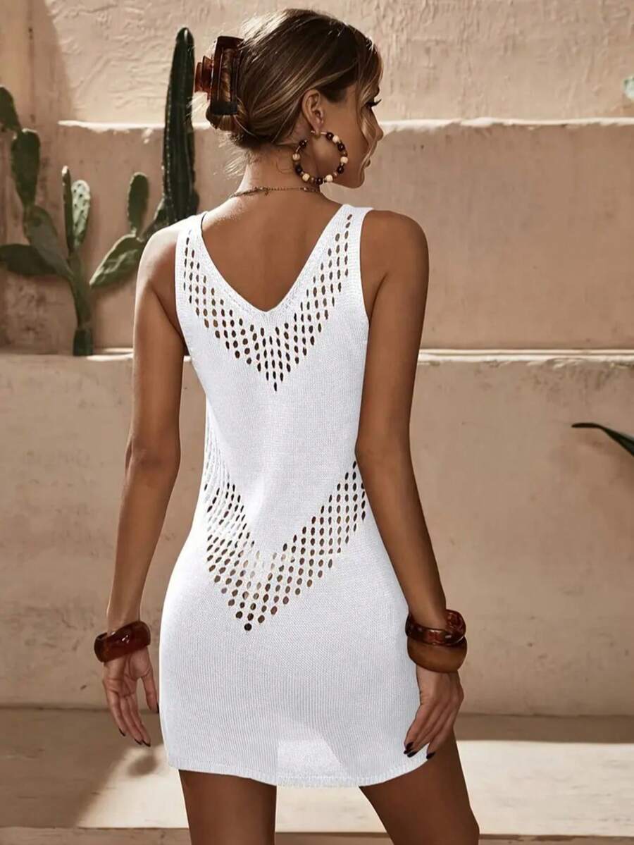 Vestido Saída de Praia Curto em Tricô Vazado Geométrico - La Lecce