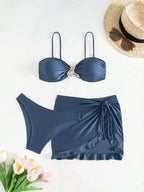 Conjunto de Biquíni 3 Peças Bandeau Plissado