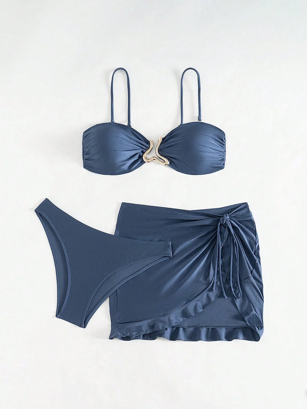 Conjunto de Biquíni 3 Peças Bandeau Plissado