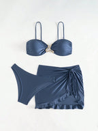 Conjunto de Biquíni 3 Peças Bandeau Plissado