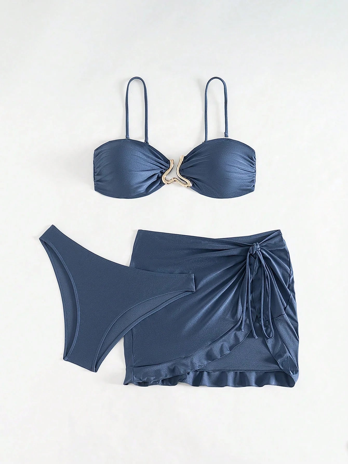 Conjunto de Biquíni 3 Peças Bandeau Plissado