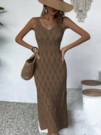 Vestido Longo de Tricô Decote V com Fenda na Barra