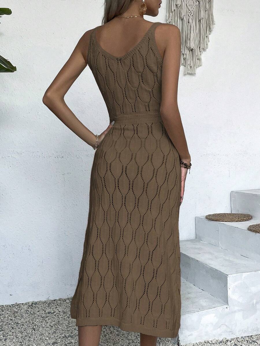 Vestido Longo de Tricô Decote V com Fenda na Barra