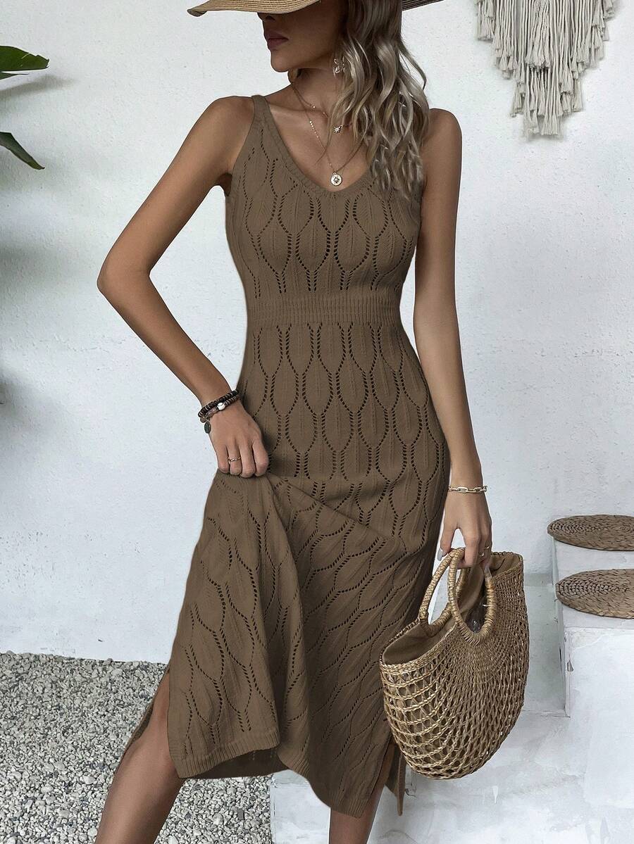 Vestido Longo de Tricô Decote V com Fenda na Barra