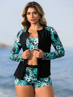 Conjunto de Praia 3 Peças com Estampa Tropical e Jaqueta com Proteção Solar