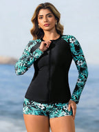 Conjunto de Biquíni 3 Peças Tropical com Zíper
