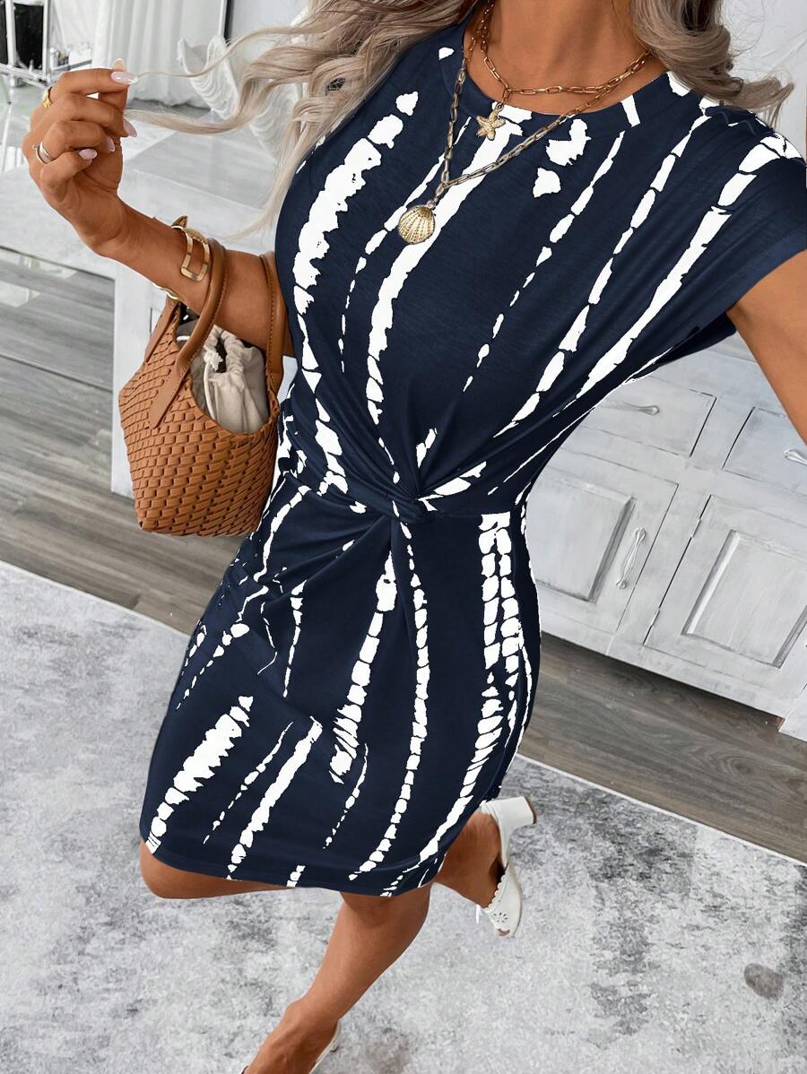 Vestido Midi de Algodão com Detalhe Torcido e Manga Curta - La Lecce