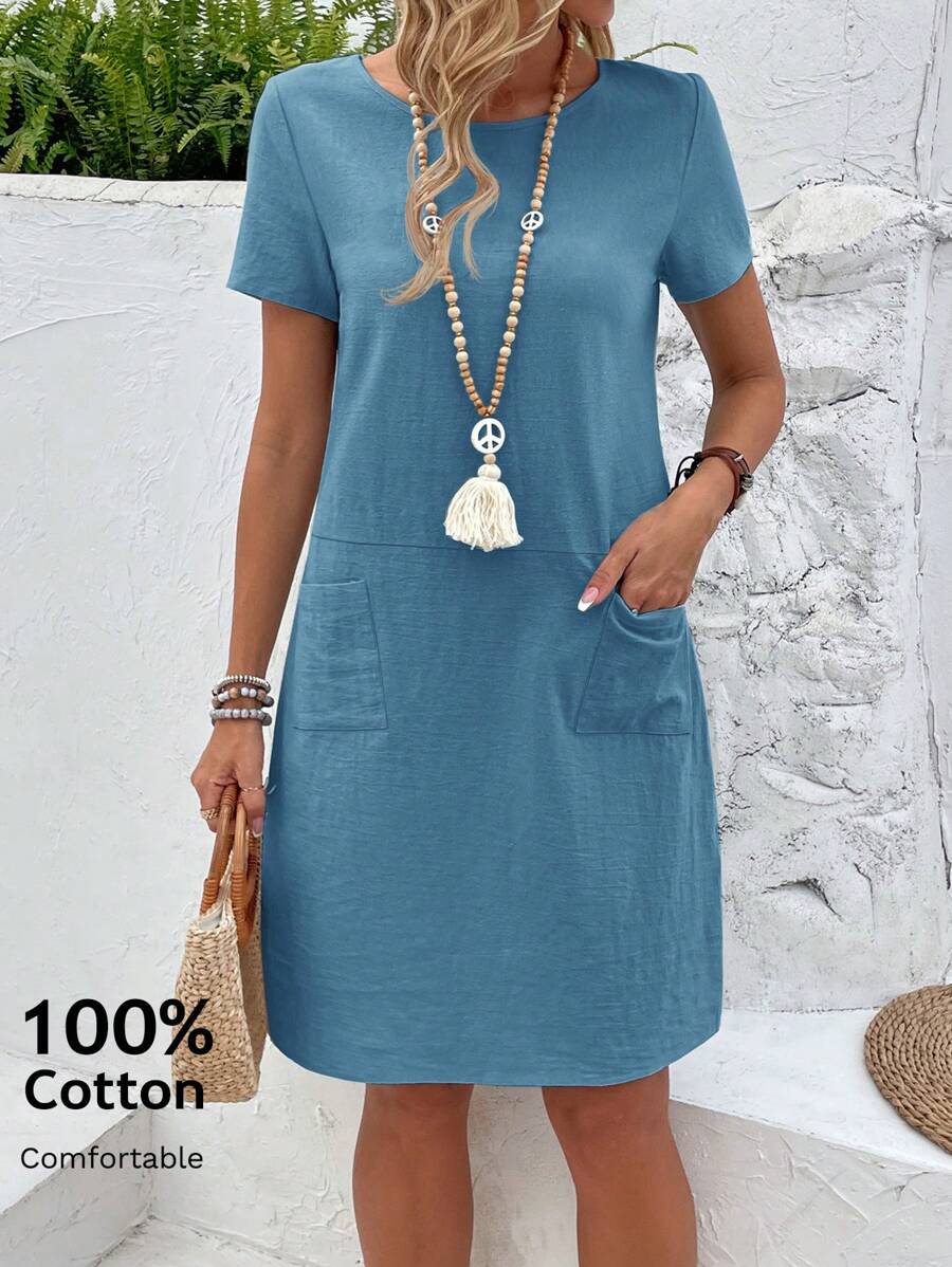 Vestido Midi Camiseta de Manga Curta com Bolsos - La Lecce