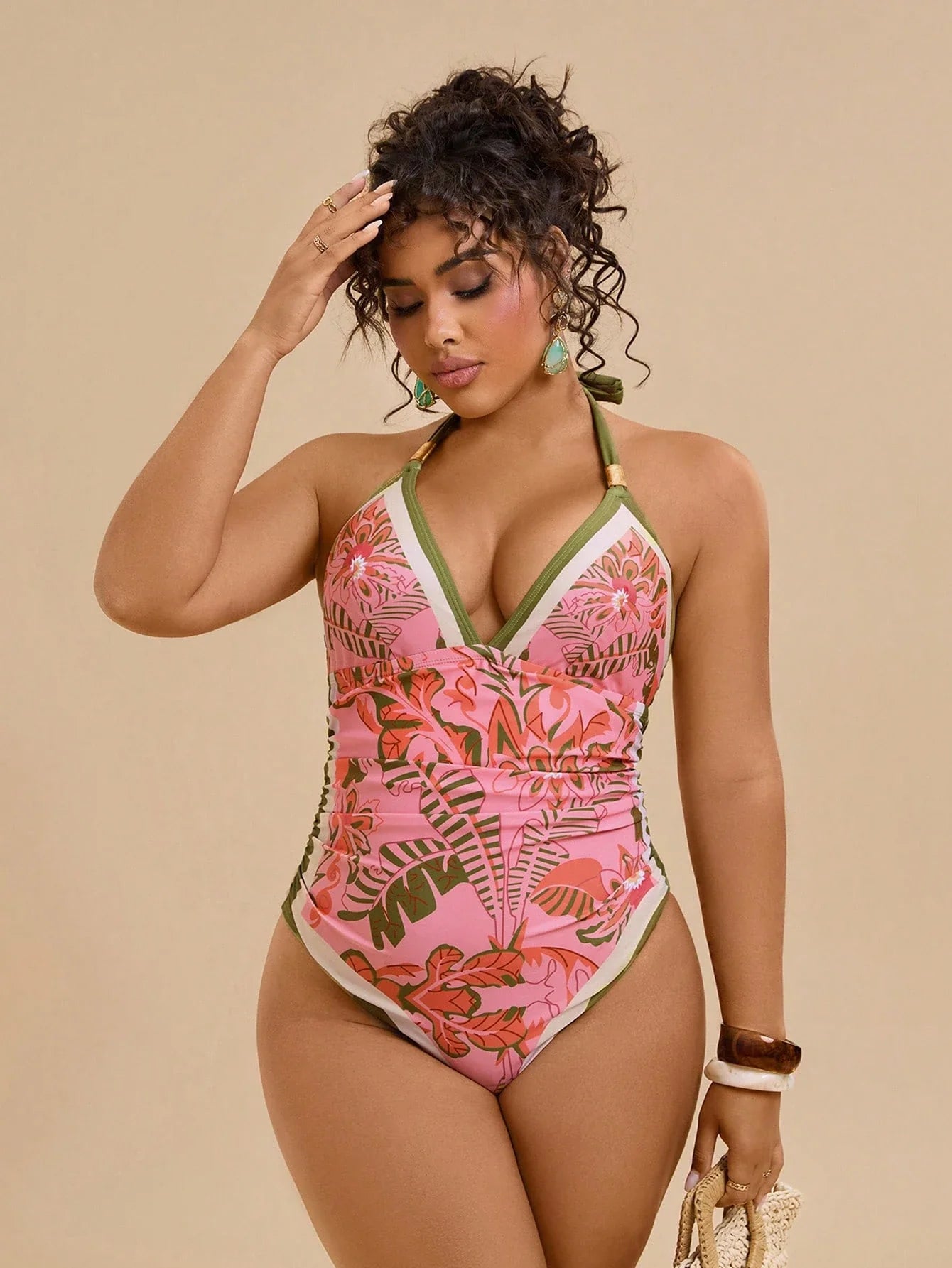 Maiô Plus Size Tropical Tie Back