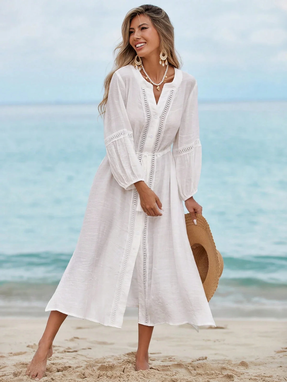 Saída de Praia Vestido Branco Manga Longa com Laço