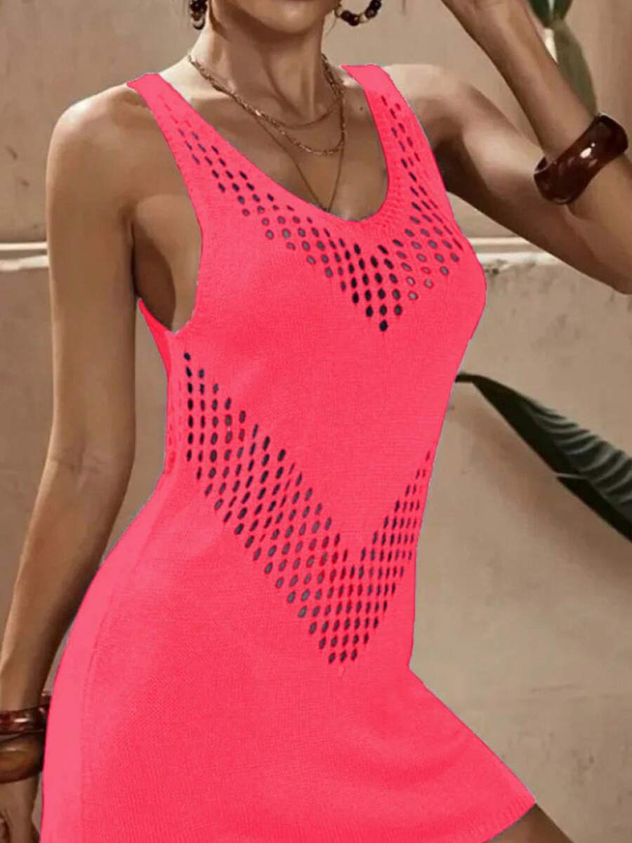 Vestido Saída de Praia Curto em Tricô Vazado Geométrico - La Lecce