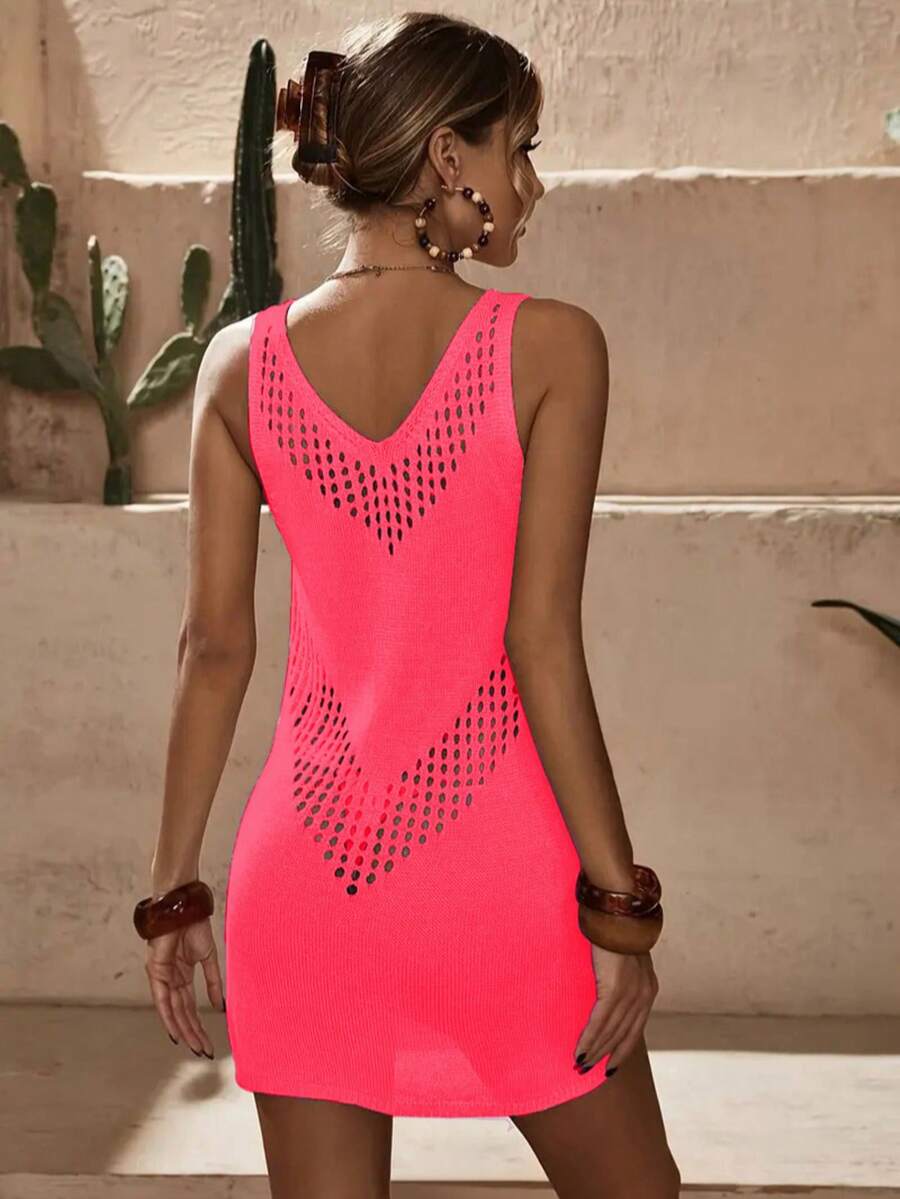 Vestido Saída de Praia Curto em Tricô Vazado Geométrico - La Lecce