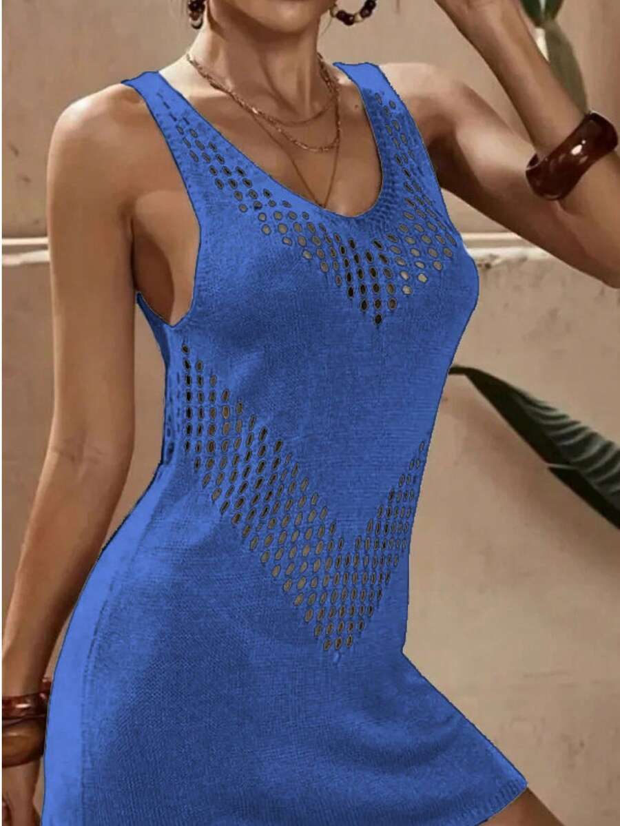 Vestido Saída de Praia Curto em Tricô Vazado Geométrico - La Lecce