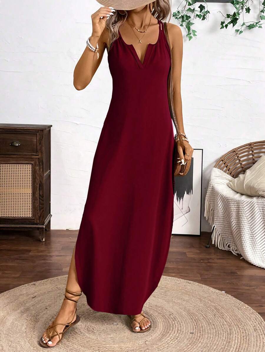 Vestido Longo de Alças com Listras Verticais e Fenda - La Lecce