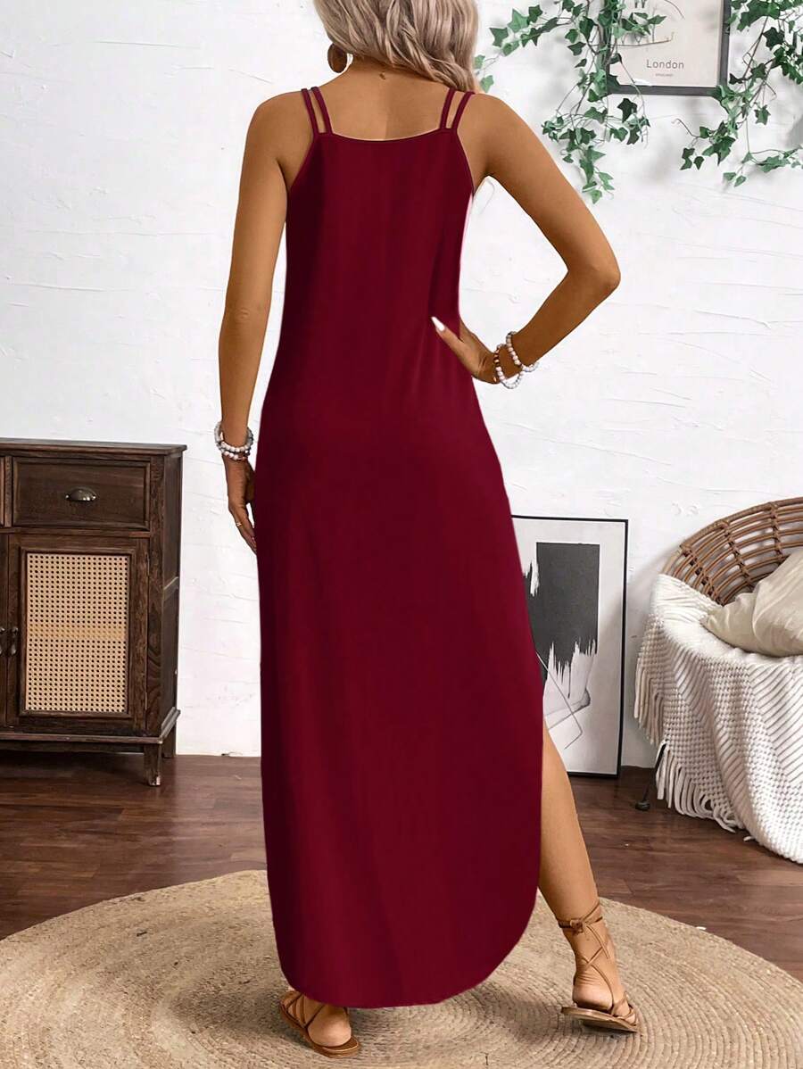 Vestido Longo de Alças com Listras Verticais e Fenda - La Lecce