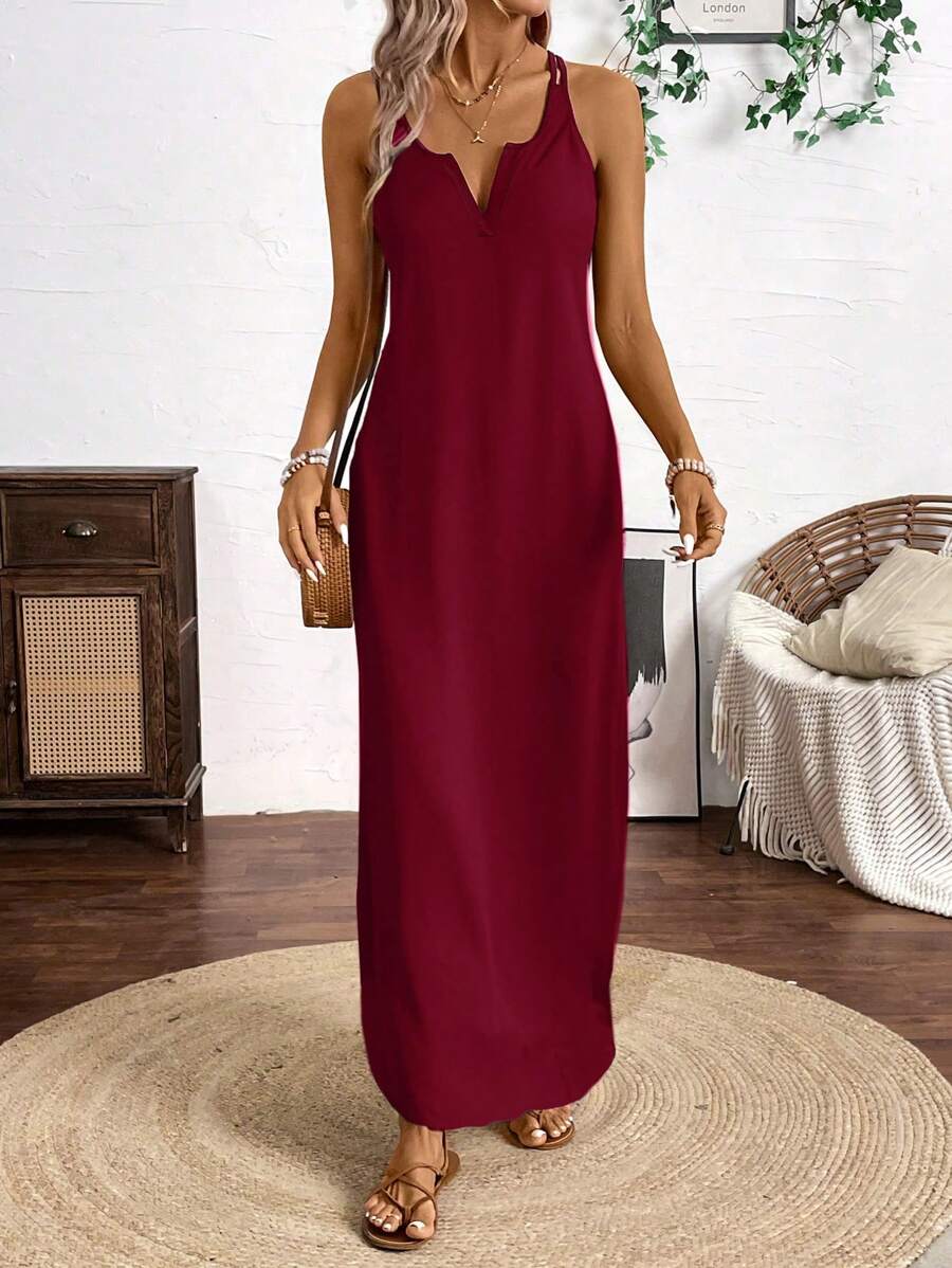 Vestido Longo de Alças com Listras Verticais e Fenda - La Lecce