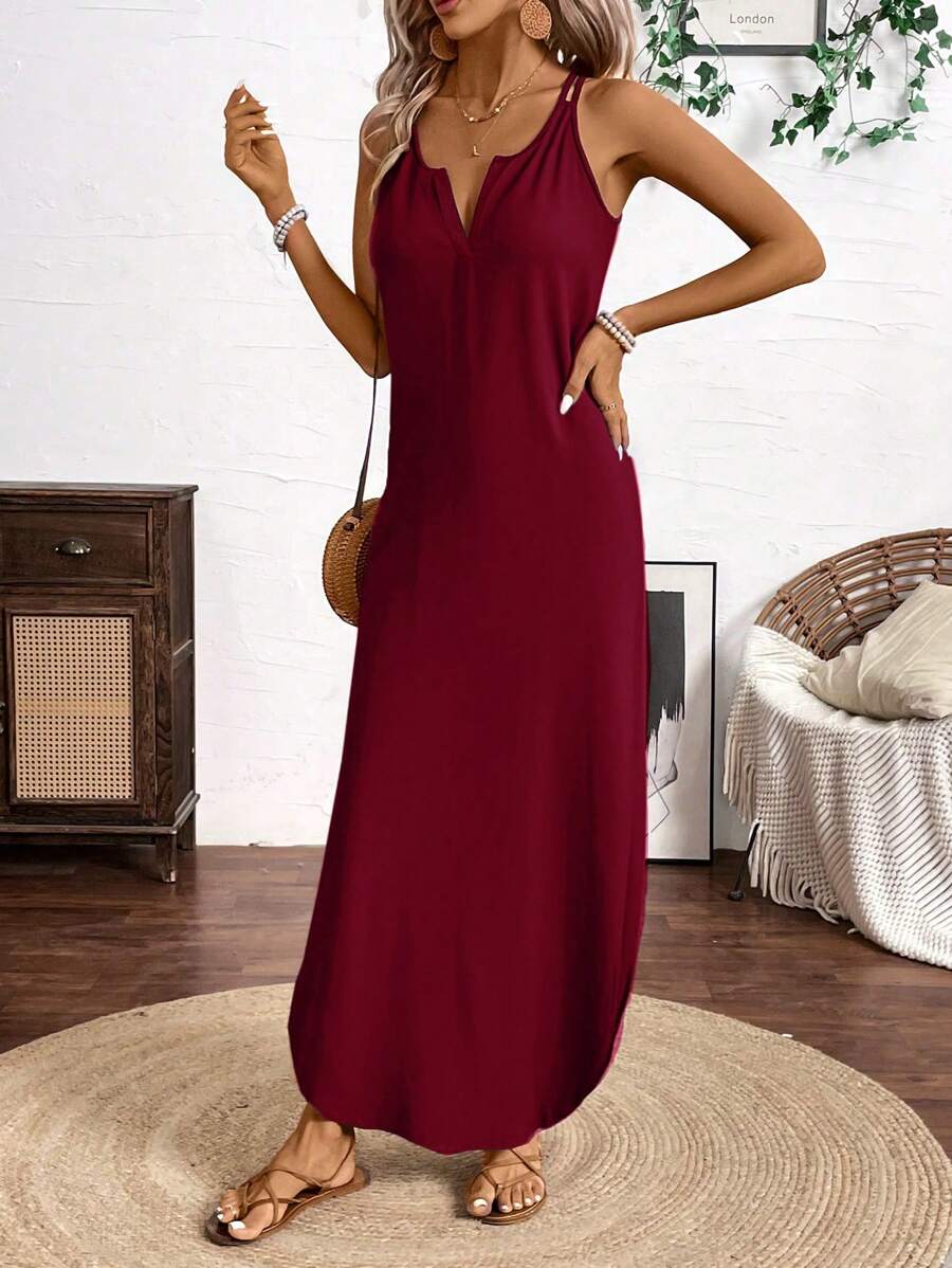 Vestido Longo de Alças com Listras Verticais e Fenda - La Lecce