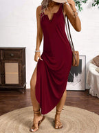 Vestido Longo de Alças com Listras Verticais e Fenda - La Lecce