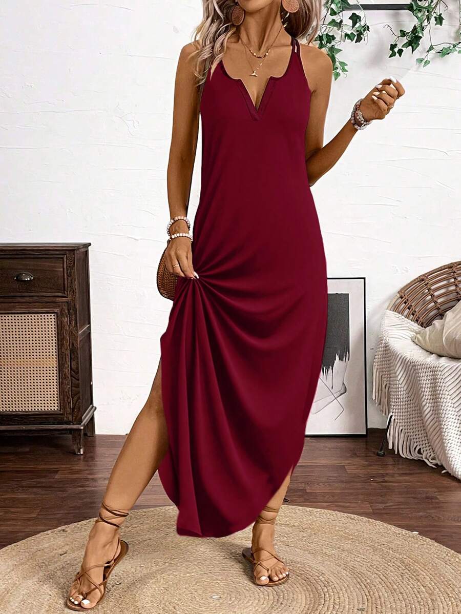 Vestido Longo de Alças com Listras Verticais e Fenda - La Lecce