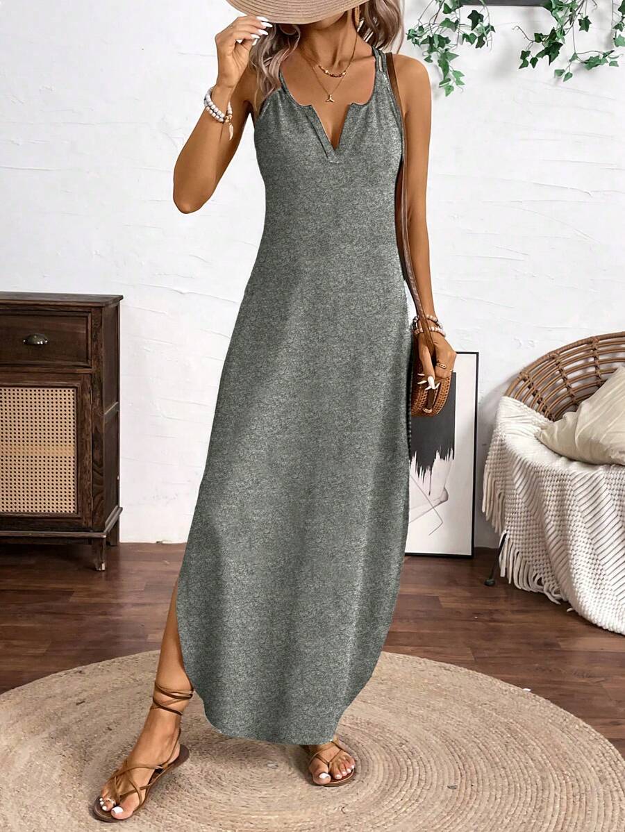 Vestido Longo de Alças com Listras Verticais e Fenda - La Lecce