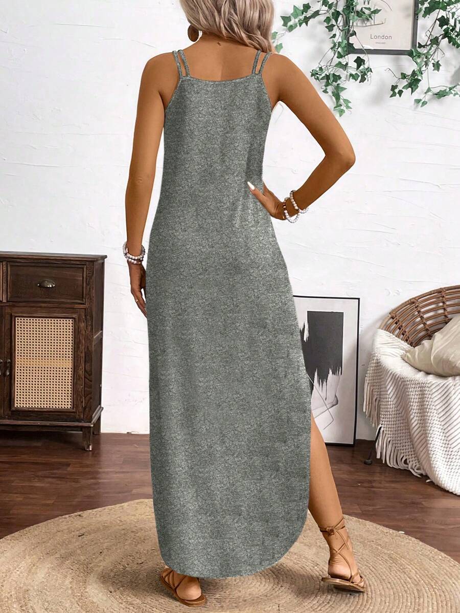 Vestido Longo de Alças com Listras Verticais e Fenda - La Lecce