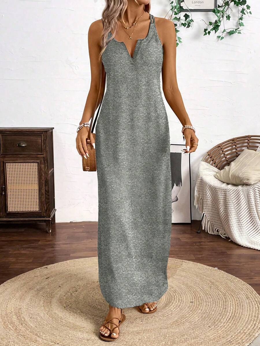 Vestido Longo de Alças com Listras Verticais e Fenda - La Lecce