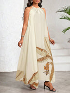 Vestido Maxi Frente Única com Laço e Bainha Assimétrica