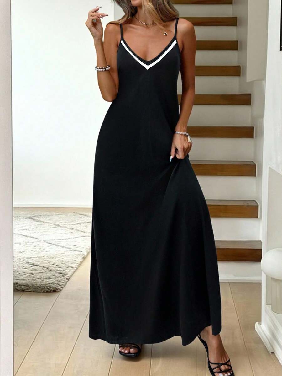Vestido Longo de Malha com Cintura Contrastada e Costas Abertas - La Lecce