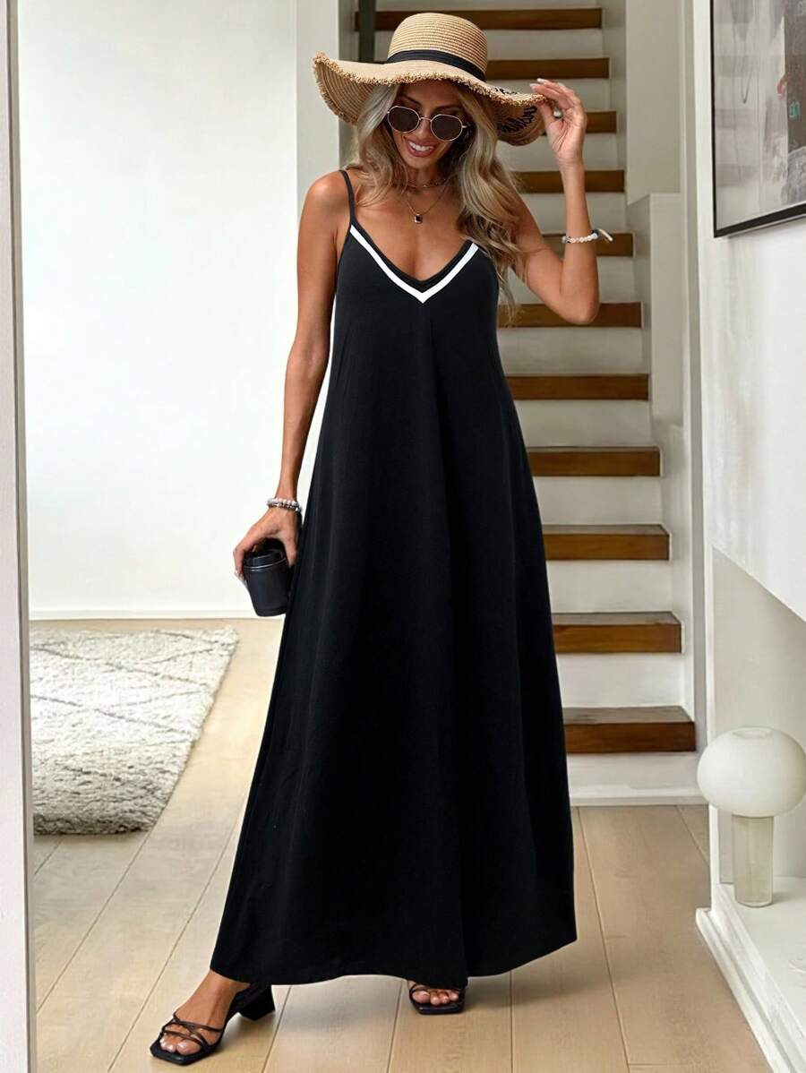 Vestido Longo de Malha com Cintura Contrastada e Costas Abertas - La Lecce