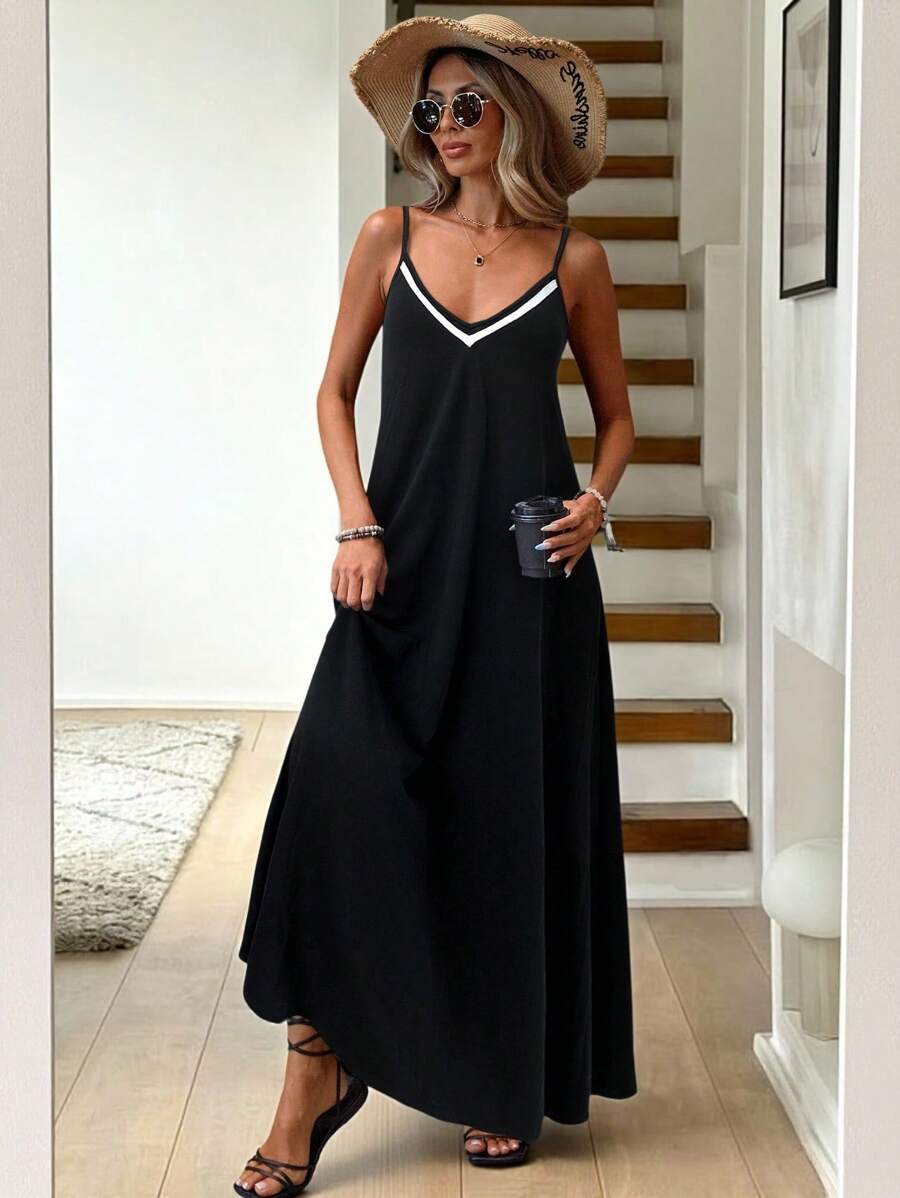 Vestido Longo de Malha com Cintura Contrastada e Costas Abertas - La Lecce