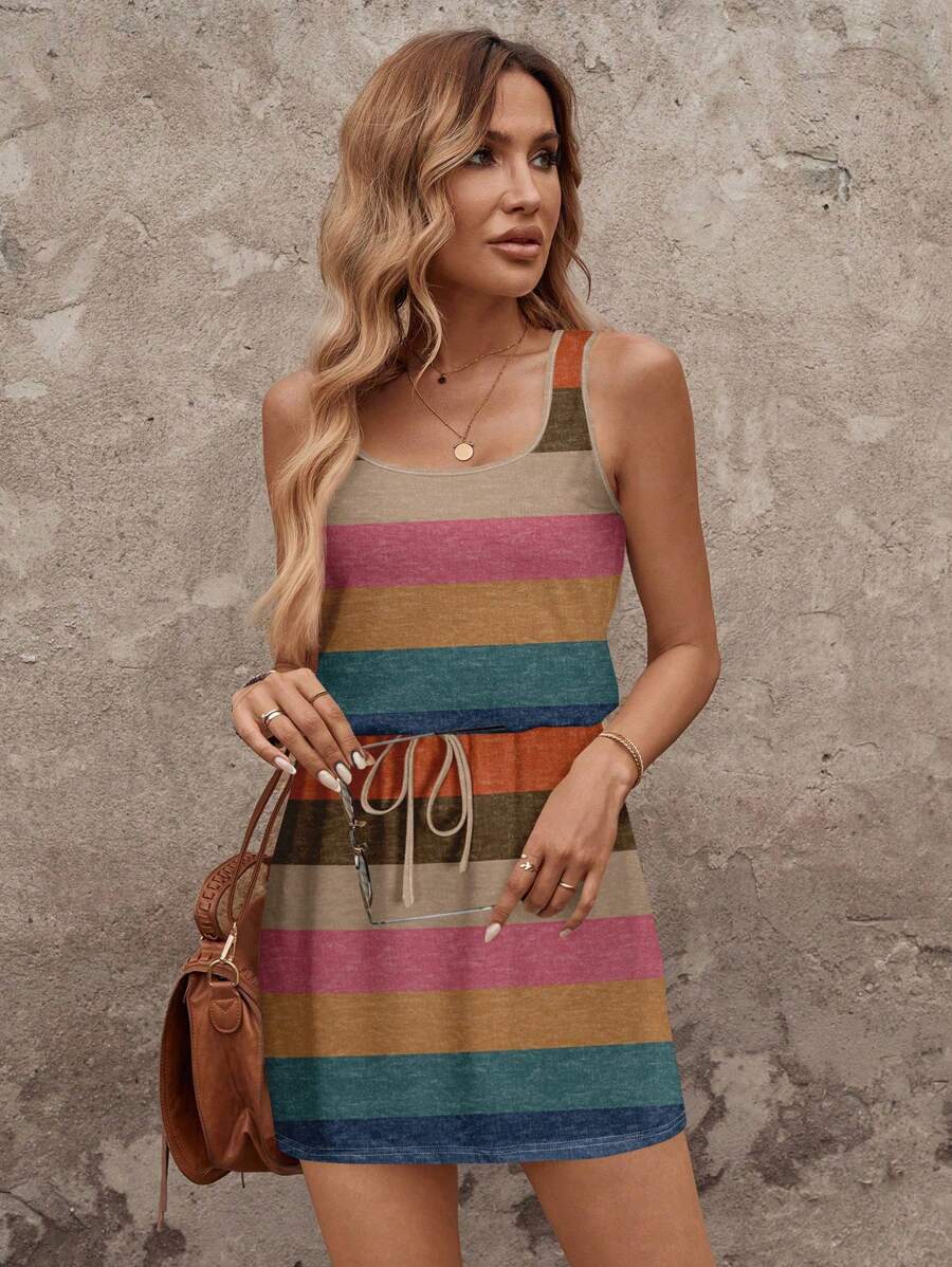 Vestido Curto Listrado com Decote U e Costas Abertas - La Lecce