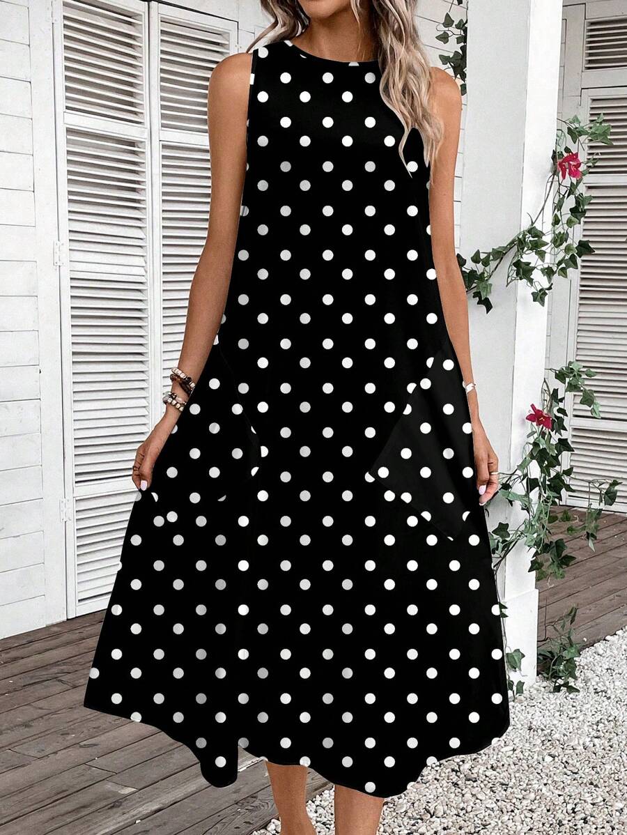 Vestido Midi Poá com Gola Redonda e Bolsos - La Lecce