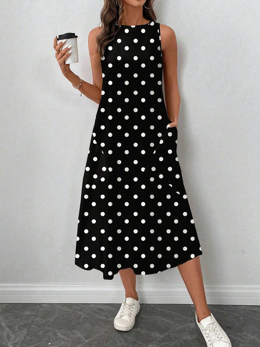 Vestido Midi Poá com Gola Redonda e Bolsos - La Lecce