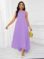 Vestido Maxi Frente Única com Laço e Bainha Assimétrica