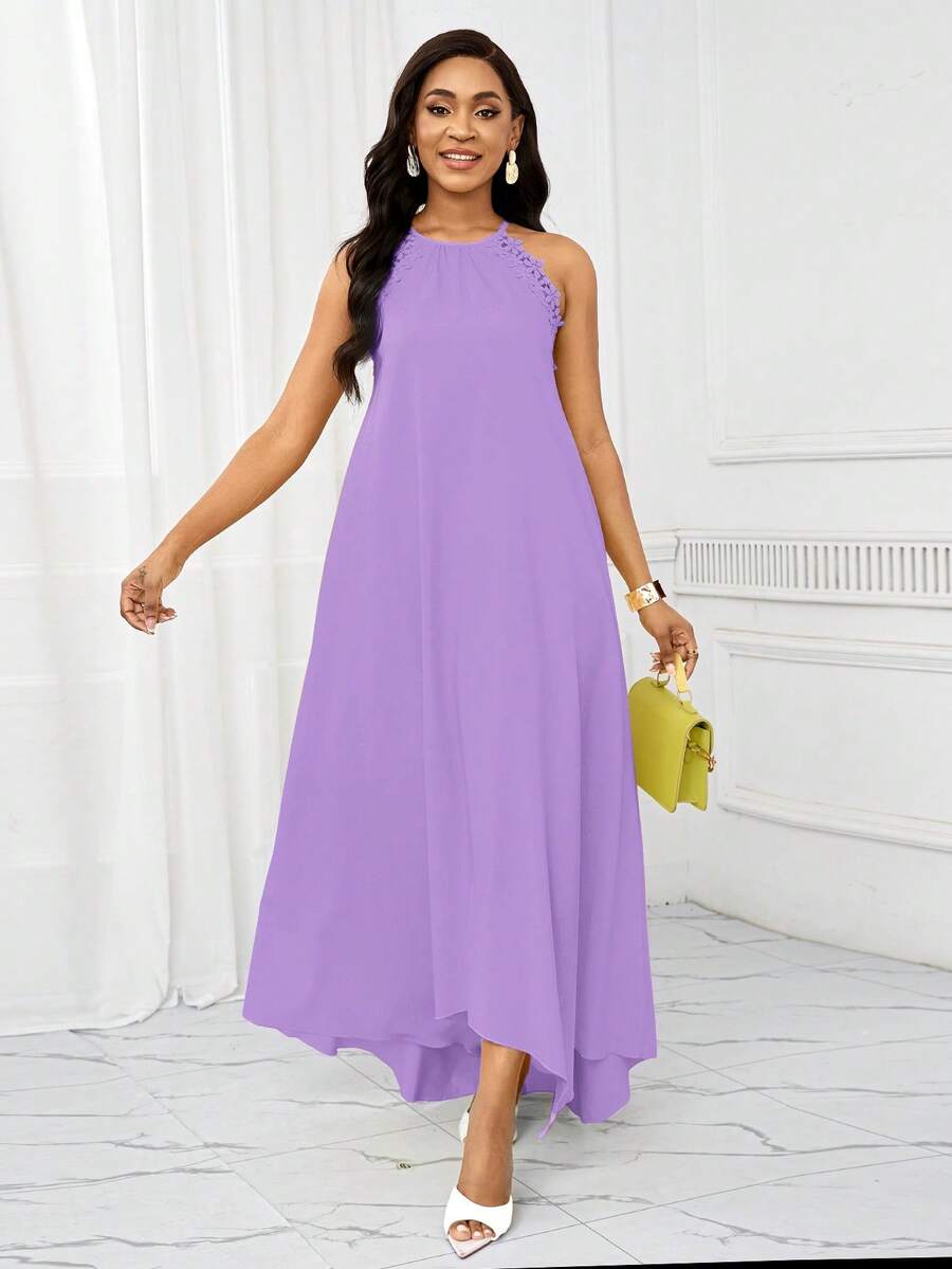 Vestido Maxi Frente Única com Laço e Bainha Assimétrica