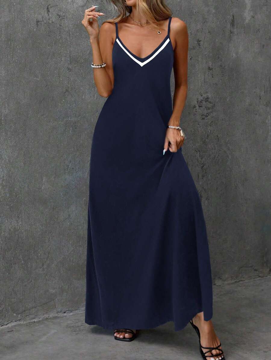 Vestido Longo de Malha com Cintura Contrastada e Costas Abertas - La Lecce