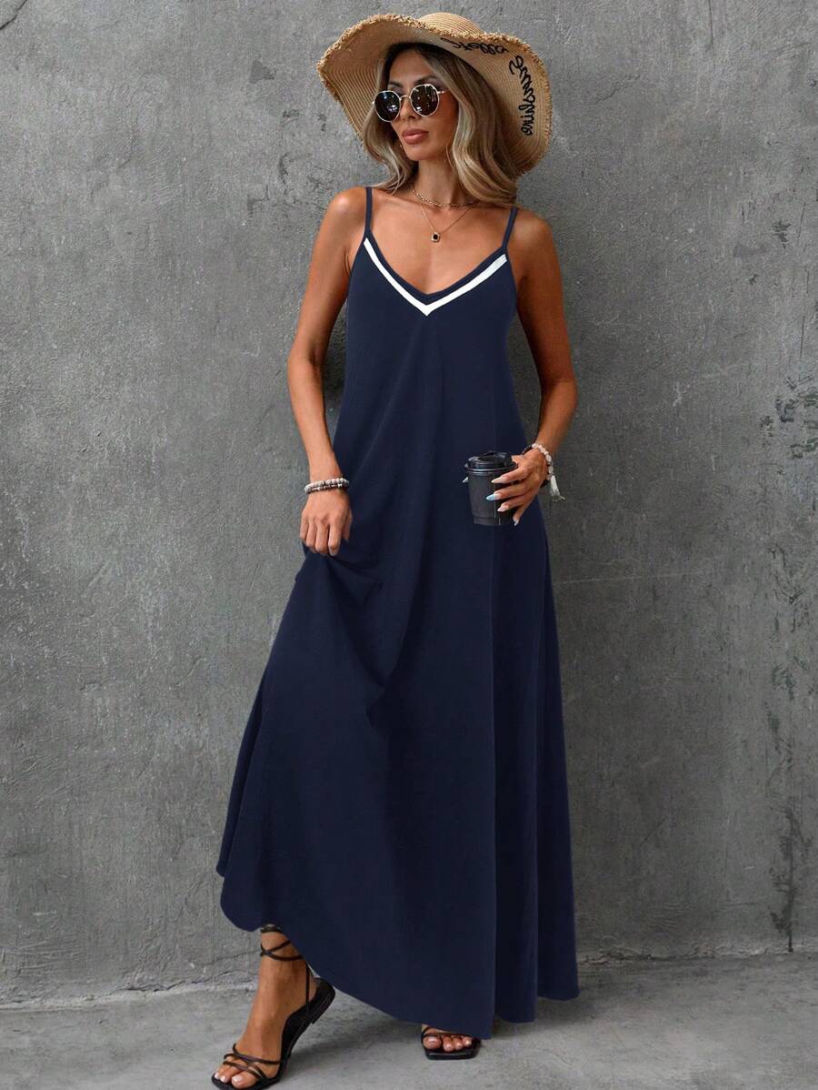 Vestido Longo de Malha com Cintura Contrastada e Costas Abertas - La Lecce