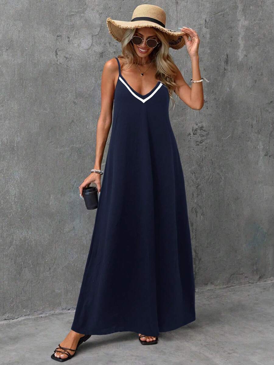 Vestido Longo de Malha com Cintura Contrastada e Costas Abertas - La Lecce