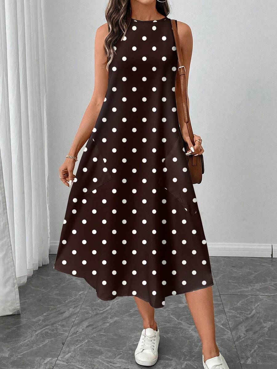 Vestido Midi Poá com Gola Redonda e Bolsos - La Lecce