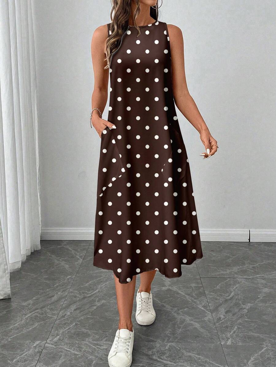 Vestido Midi Poá com Gola Redonda e Bolsos - La Lecce