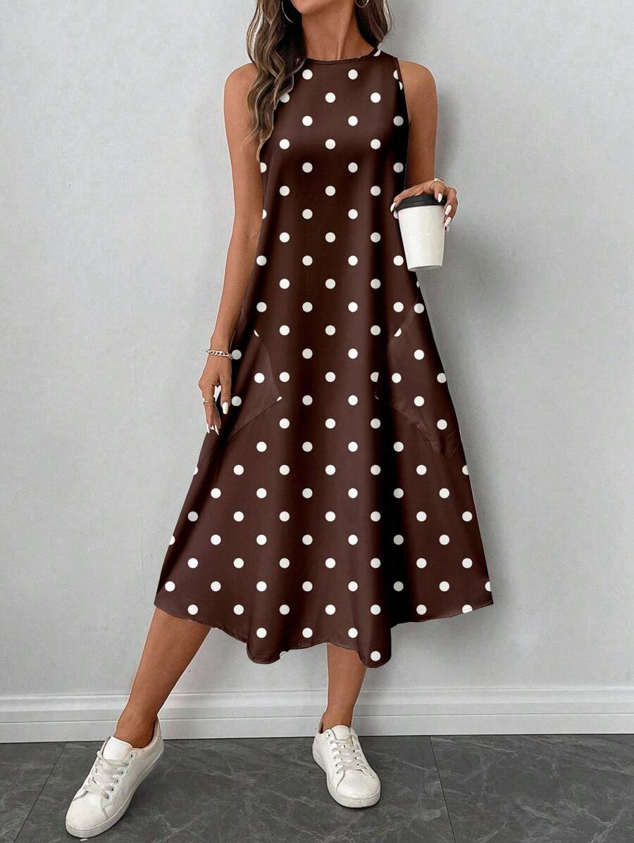 Vestido Midi Poá com Gola Redonda e Bolsos - La Lecce
