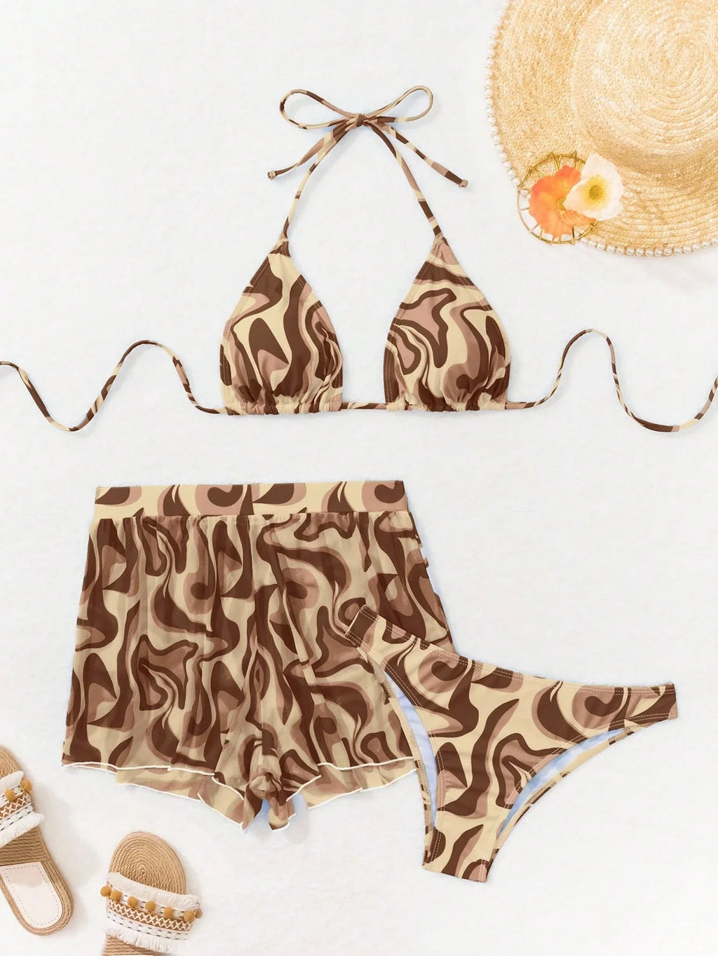 Conjunto de Biquíni 3 Peças Halter Estampa Ondas