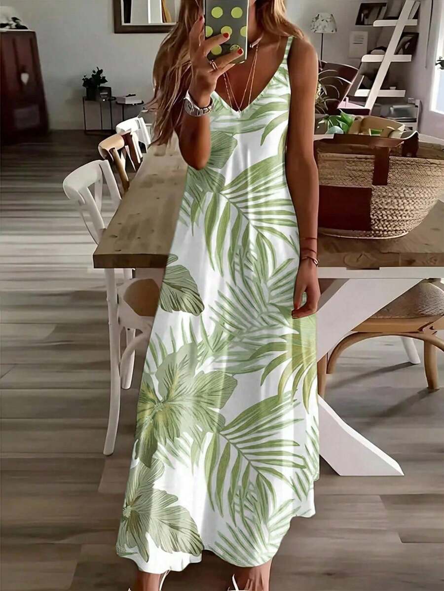 Vestido Midi de Malha com Estampa Tropical e Recorte Vazado - La Lecce