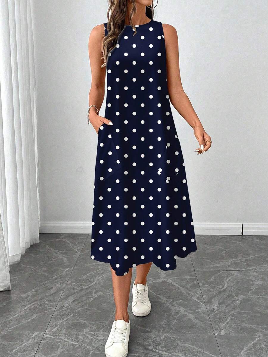 Vestido Midi Poá com Gola Redonda e Bolsos - La Lecce