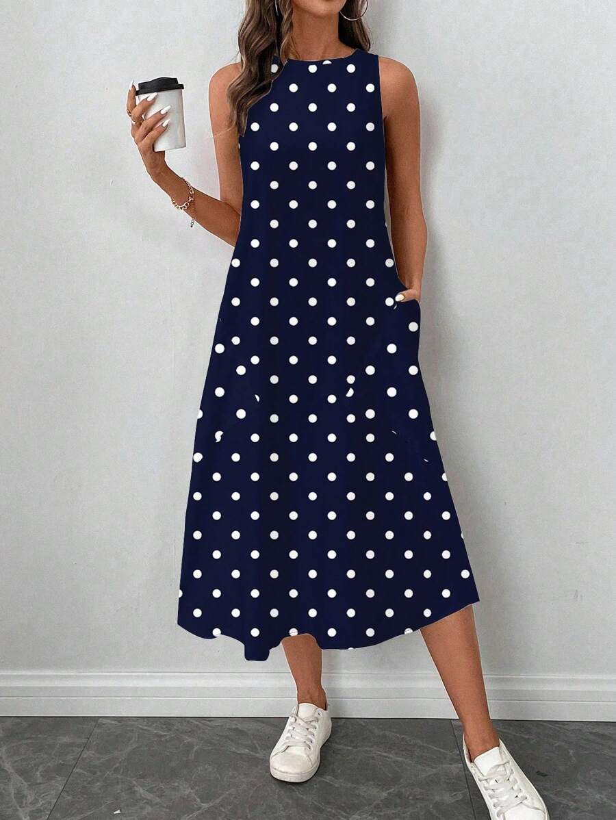 Vestido Midi Poá com Gola Redonda e Bolsos - La Lecce