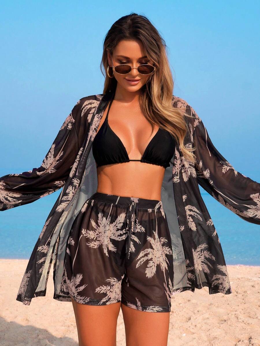 Conjunto de Praia 3 Peças com Kimono de Tela e Shorts Estampados
