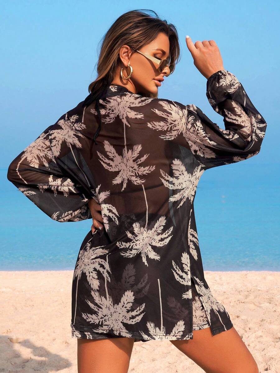 Conjunto de Praia 3 Peças com Kimono de Tela e Shorts Estampados