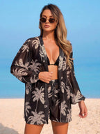 Conjunto de Praia 3 Peças com Kimono de Tela e Shorts Estampados
