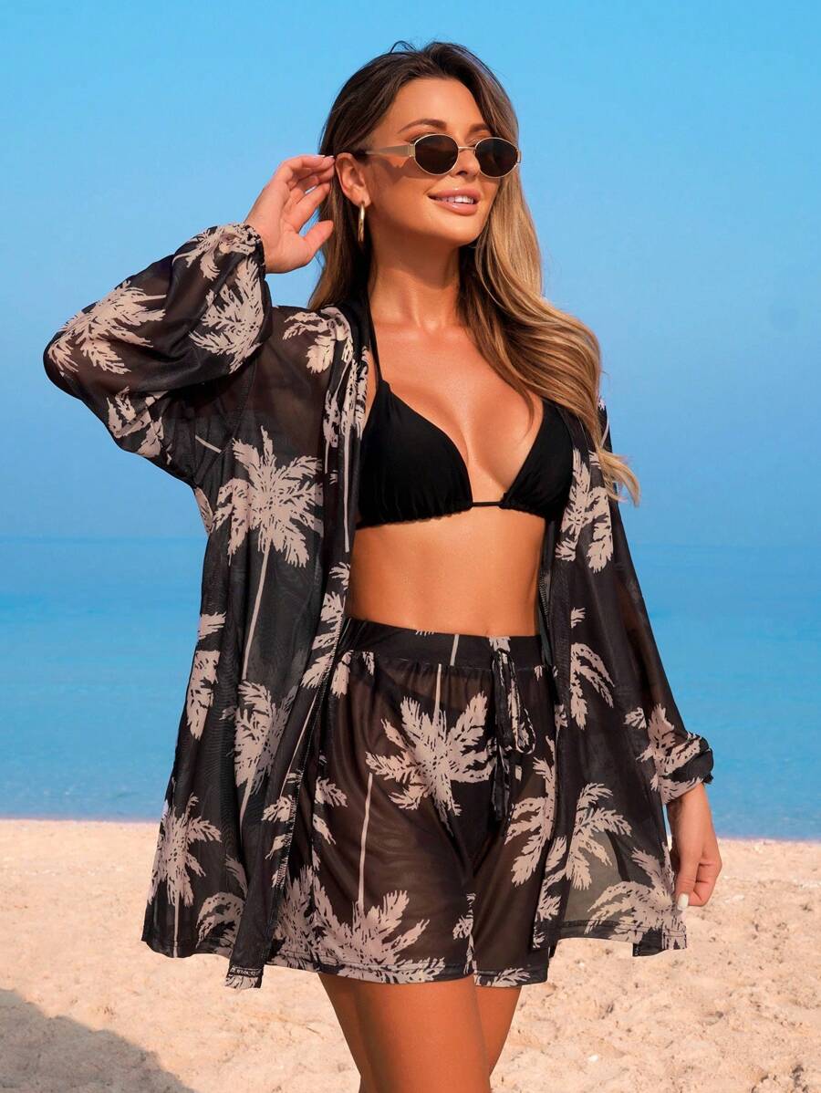 Conjunto de Praia 3 Peças com Kimono de Tela e Shorts Estampados