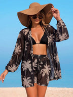 Conjunto de Praia 3 Peças com Kimono de Tela e Shorts Estampados